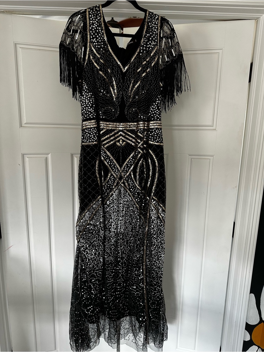 Black Beaded Fringe V-Neck Evening Dress. Art deco inspired. Great for a party